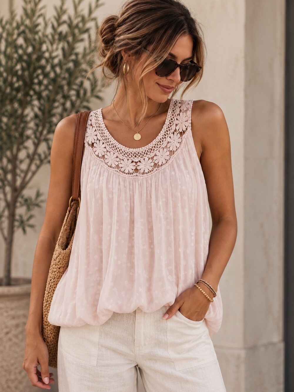 Via Signoria Made in Italy | 100% Silk Blush Pink Crochet Lace Blouse , Size L